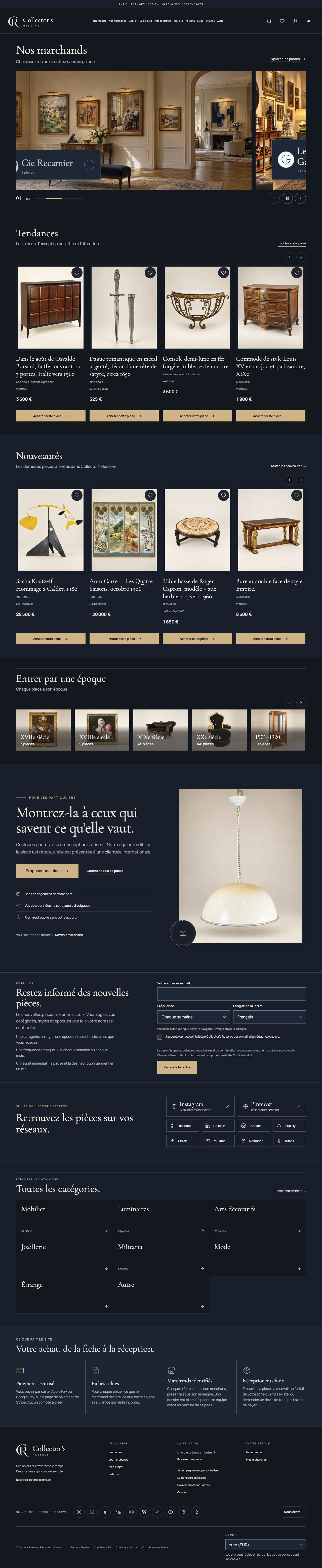 The complete Collector’s Reserve homepage: dealers, pieces, categories, services and footer.