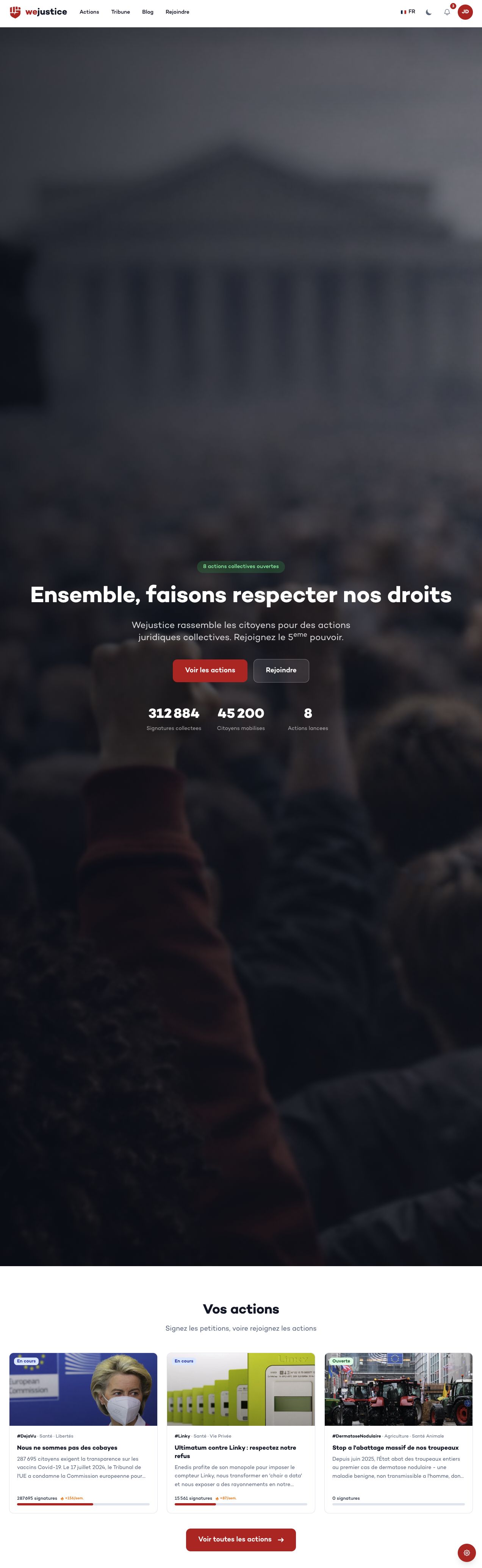 Page d’accueil complète de la démo WeJustice : présentation des actions, étapes du parcours et contenus de démonstration.